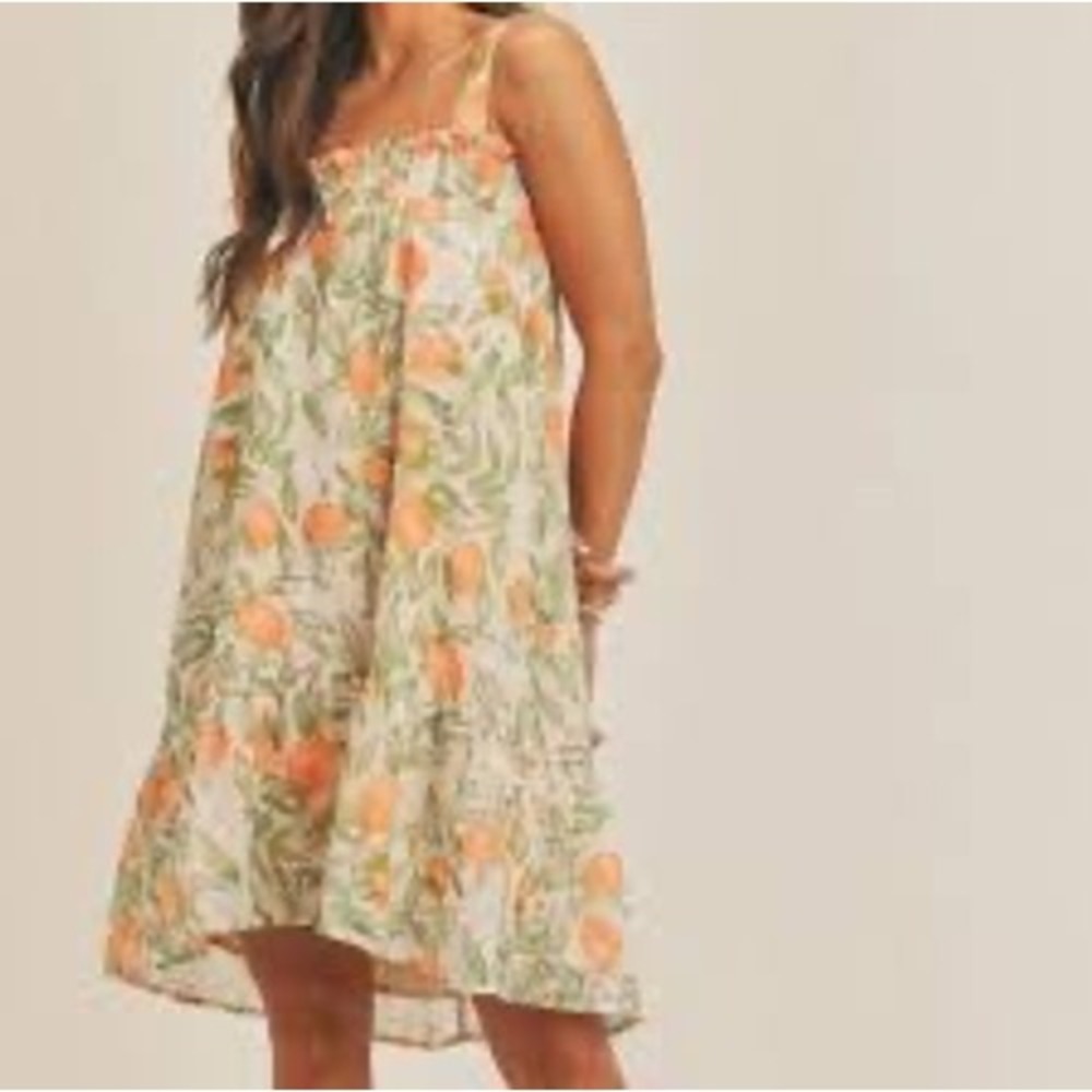 Sadie & Sage Lemon Garden Print Smocked Mini Dress‎ Orange Green Womens Small